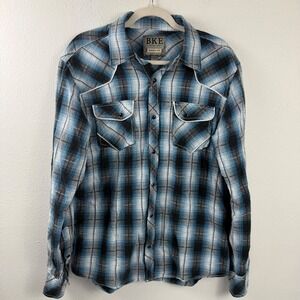 BKE Mens Blue Black Plaid Western Snap Long Sleeve Athletic Fit Shirt Large 7005